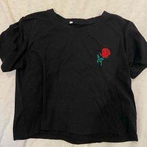 shein black top with embroidered rose